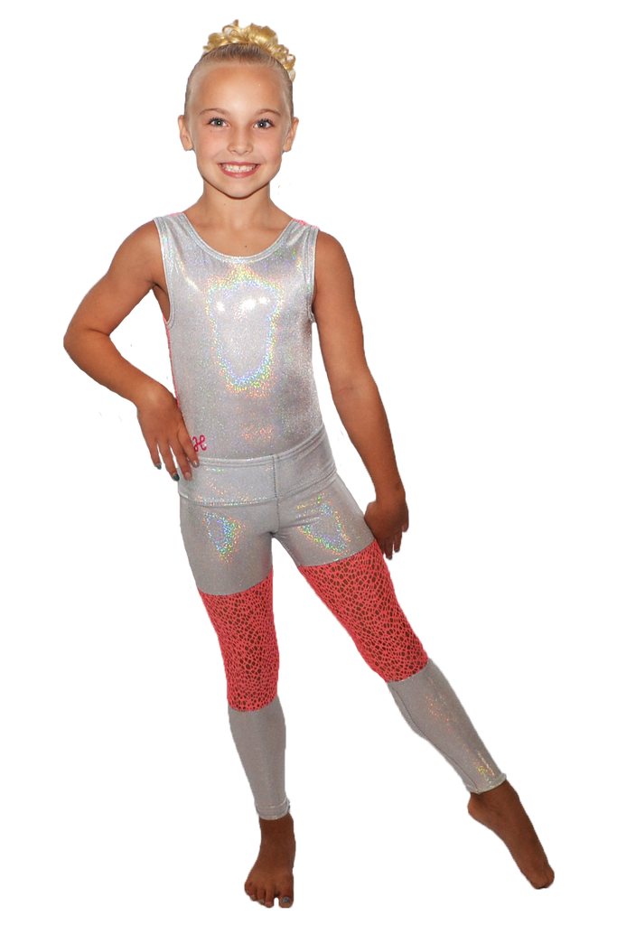White Sparkle with Coral Mesh Yoga Pant